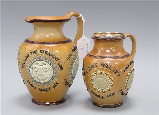 Two Doulton Lambeth motto jugs, c.1890, H. 19.3 and 15cm (2)